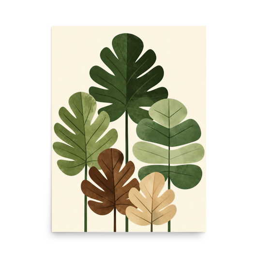 Illustrated fig leaves in shades of green, brown and gold with textured paper-like finish, botanical wall art print, JMTR Jeometry Store