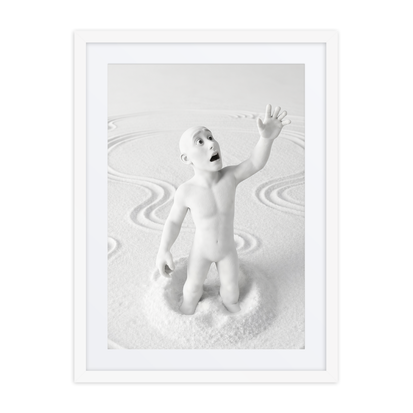 Minimalist zen wall art poster with abstract rake figure on sand, framed matte paper print for calm interiors.