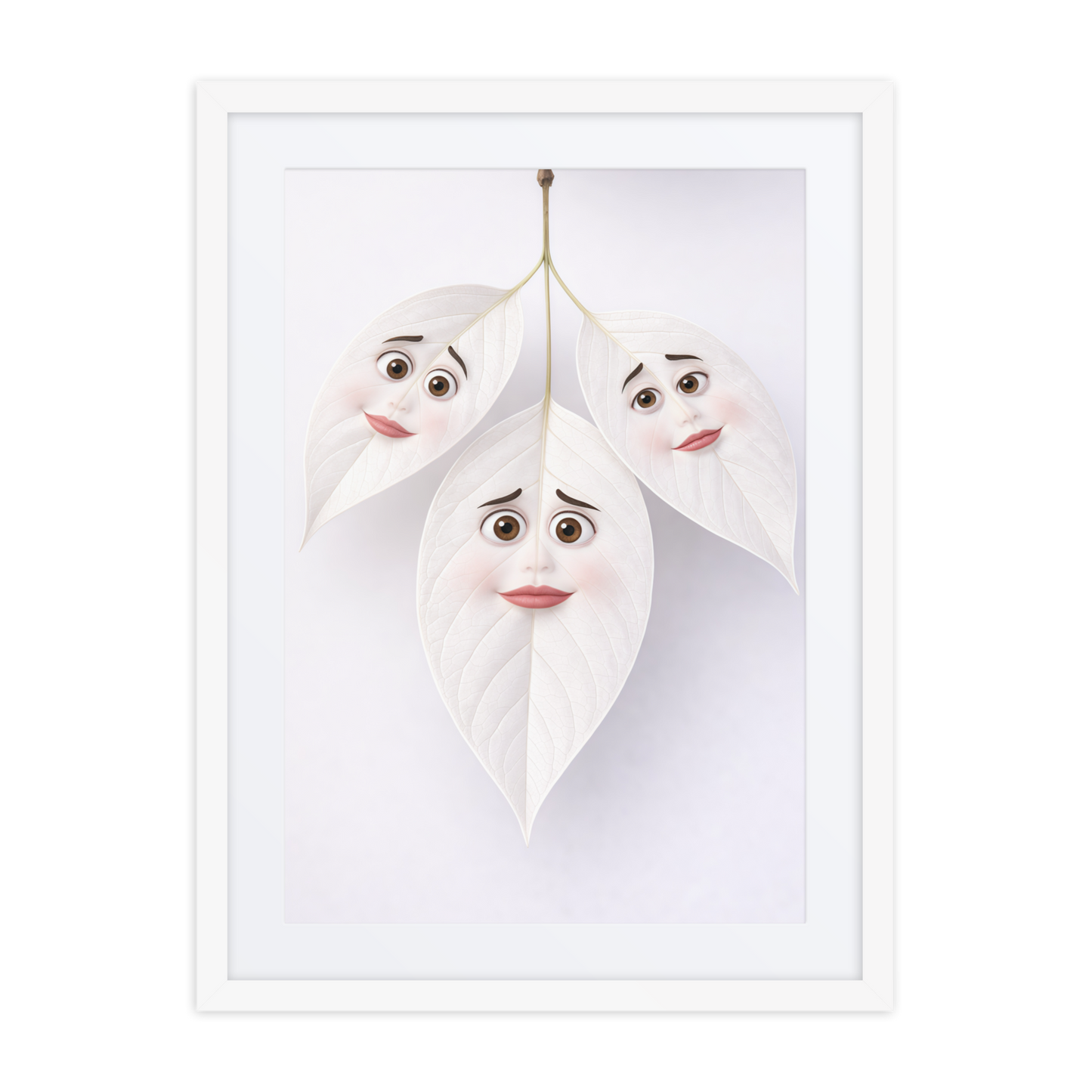 Whimsical leaf character wall art poster, framed matte paper print with illustrated faces in leaves for modern home decor