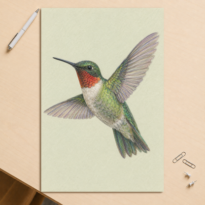 Ruby-throated hummingbird colored pencil illustration print on sage green pastel background wall art