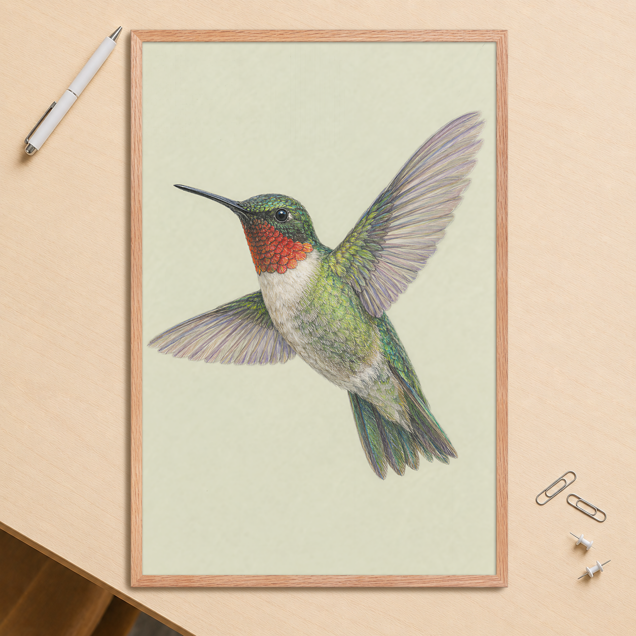 Framed Ruby-throated hummingbird colored pencil illustration print on sage green pastel background, wood frame wall art