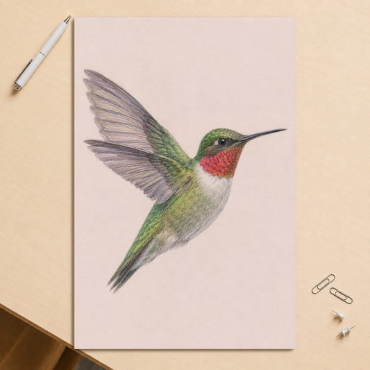 Ruby-throated hummingbird colored pencil illustration print on dusty rose pastel background wall art