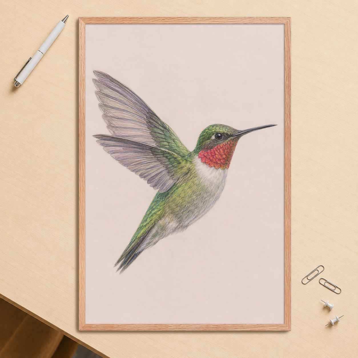 Framed Ruby-throated hummingbird colored pencil illustration print on dusty rose pastel background, wood frame wall art
