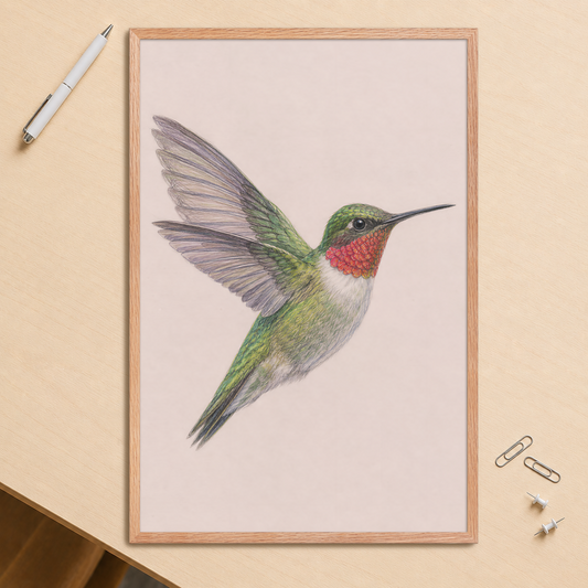 Framed Ruby-throated hummingbird colored pencil illustration print on dusty rose pastel background, wood frame wall art