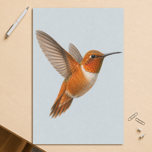 Rufous hummingbird colored pencil illustration print on dusty blue pastel background wall art