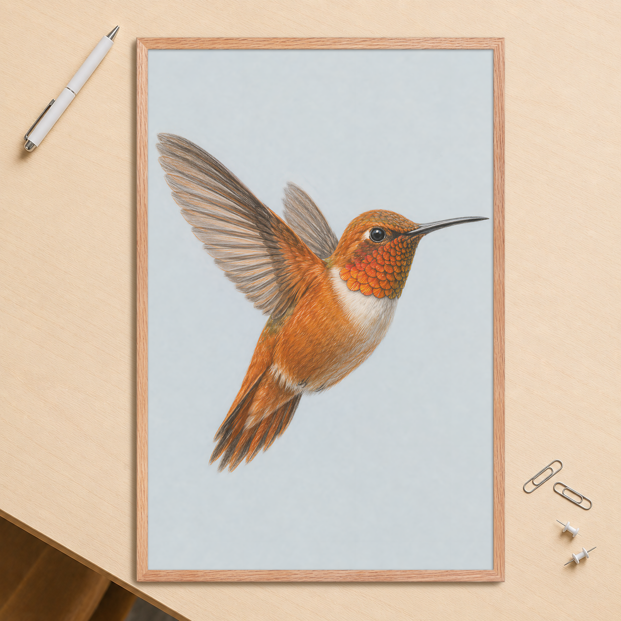 Framed Rufous hummingbird colored pencil illustration print on dusty blue pastel background, wood frame wall art