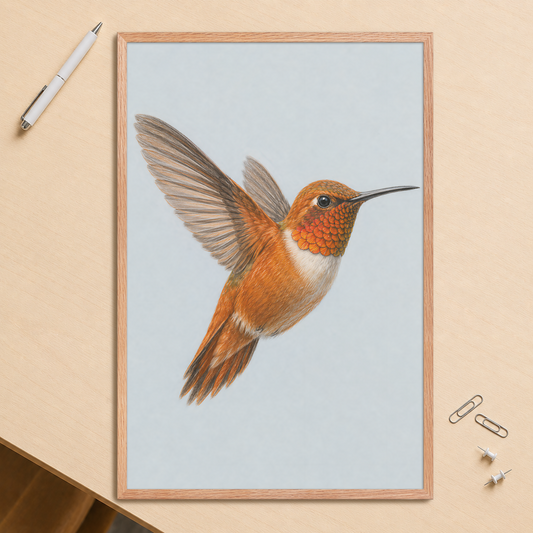 Framed Rufous hummingbird colored pencil illustration print on dusty blue pastel background, wood frame wall art