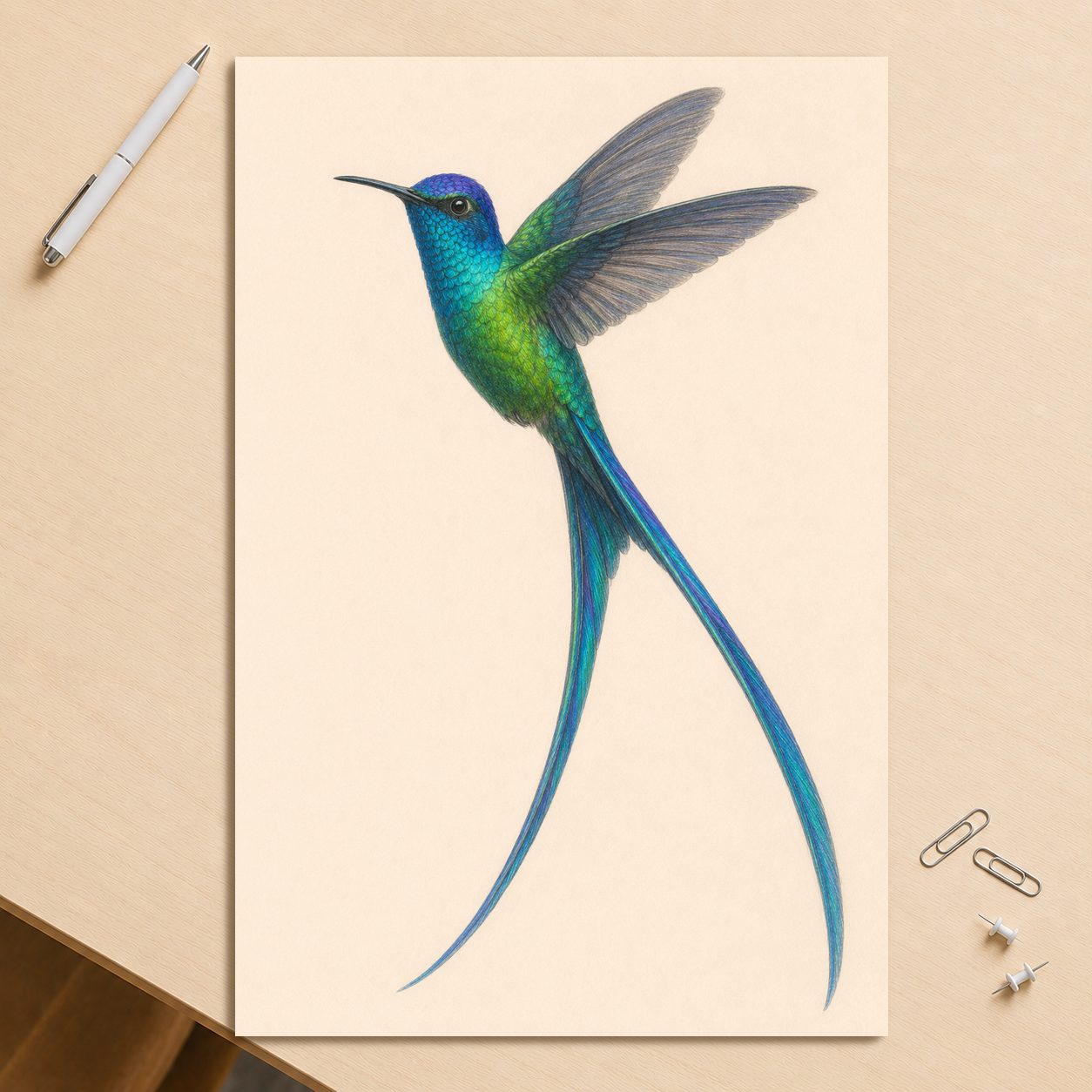 Long-tailed Sylph hummingbird colored pencil illustration print, teal iridescent plumage on warm cream background wall art