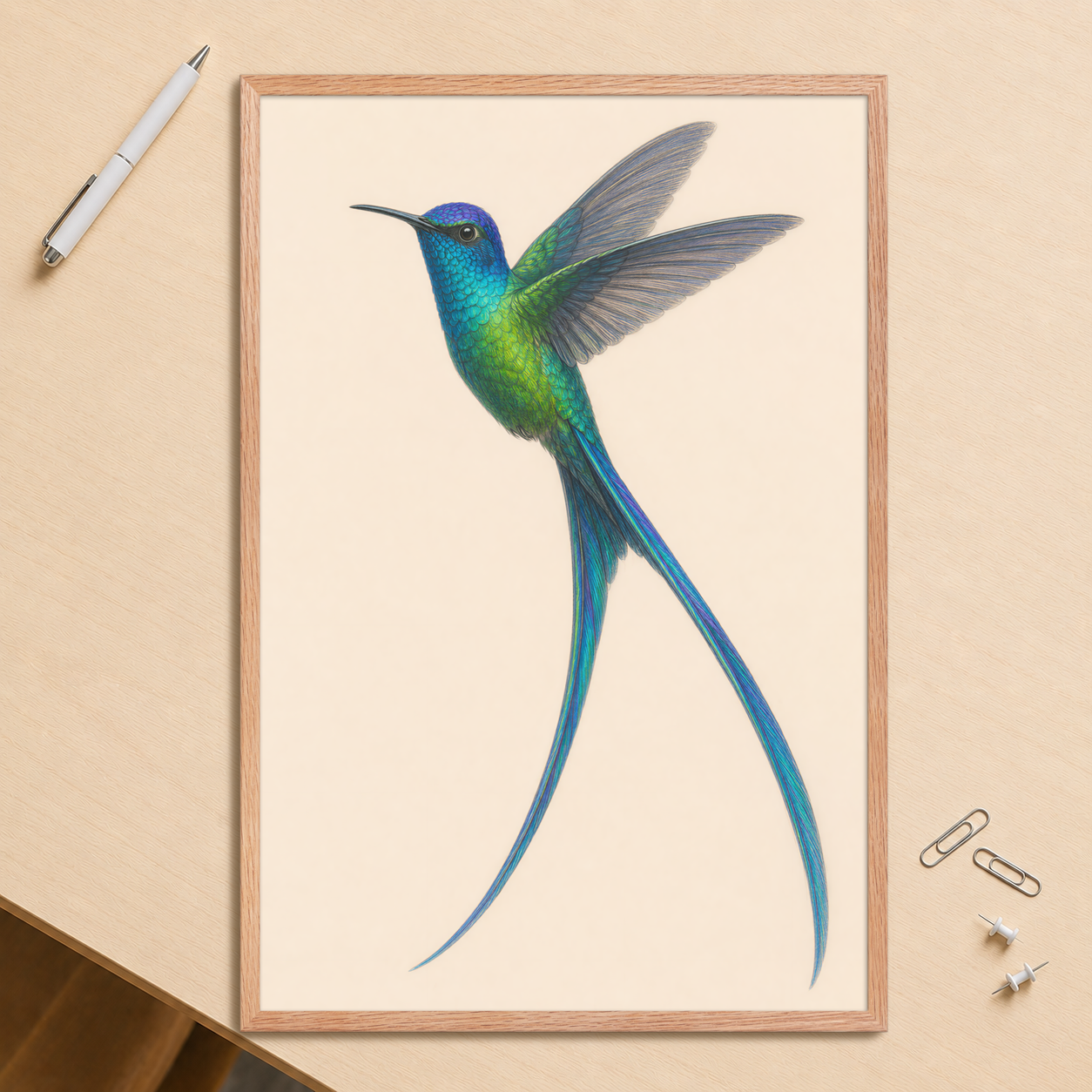 Framed Long-tailed Sylph hummingbird colored pencil illustration print, teal iridescent plumage on warm cream background, wood frame wall art