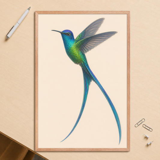 Framed Long-tailed Sylph hummingbird colored pencil illustration print, teal iridescent plumage on warm cream background, wood frame wall art