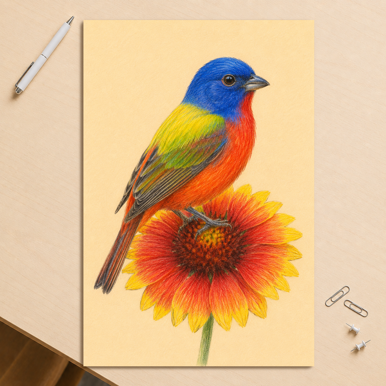 Painted Bunting colored pencil illustration on Indian Blanket flower, sandy cream background wall art