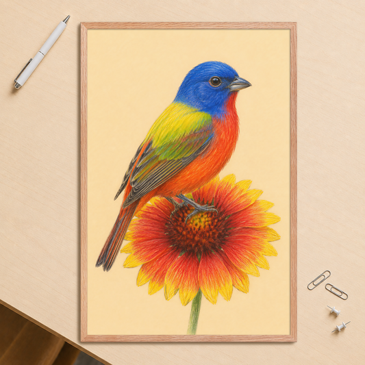 Framed Painted Bunting colored pencil illustration on Indian Blanket flower, wood frame wall art