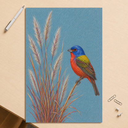 Painted Bunting colored pencil illustration in prairie grass, dusty blue background wall art