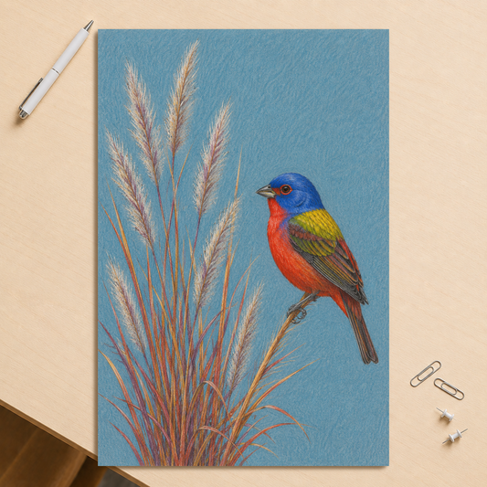 Painted Bunting colored pencil illustration in prairie grass, dusty blue background wall art