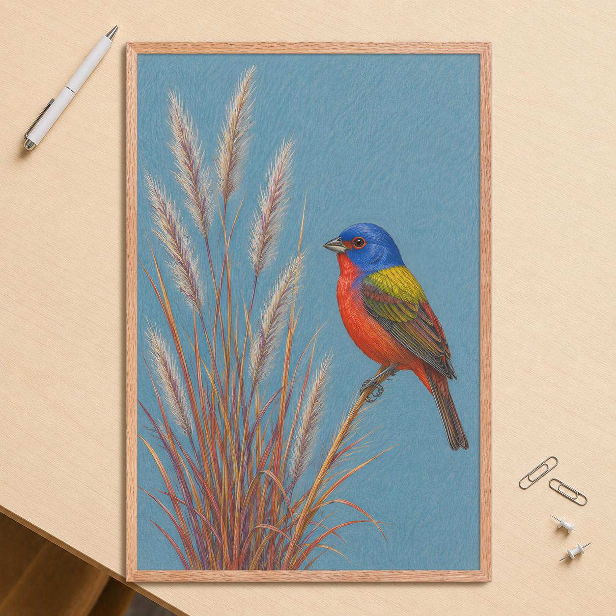 Framed Painted Bunting colored pencil illustration in prairie grass, dusty blue background, wood frame wall art