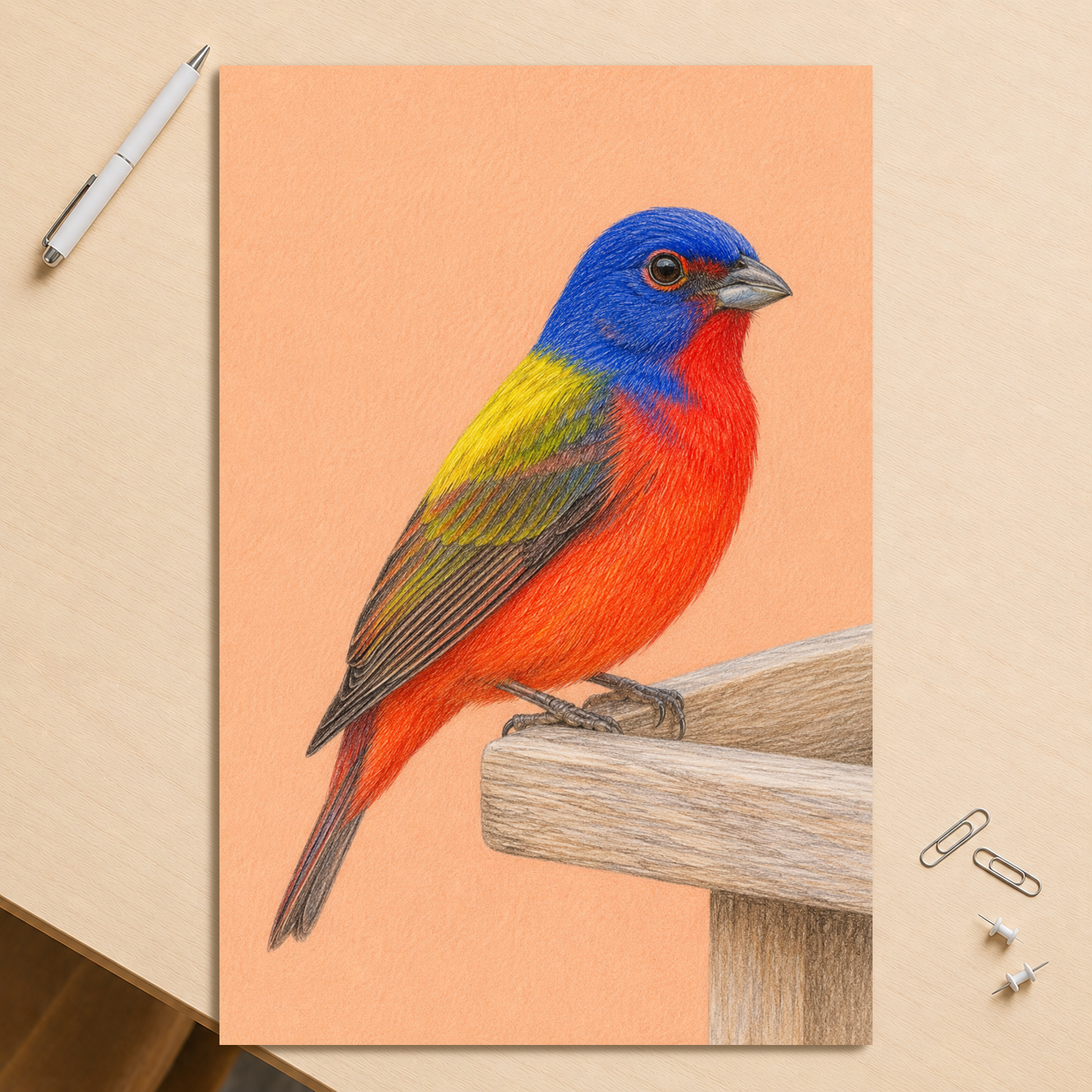 Painted Bunting colored pencil illustration on wooden feeder, apricot pastel background wall art