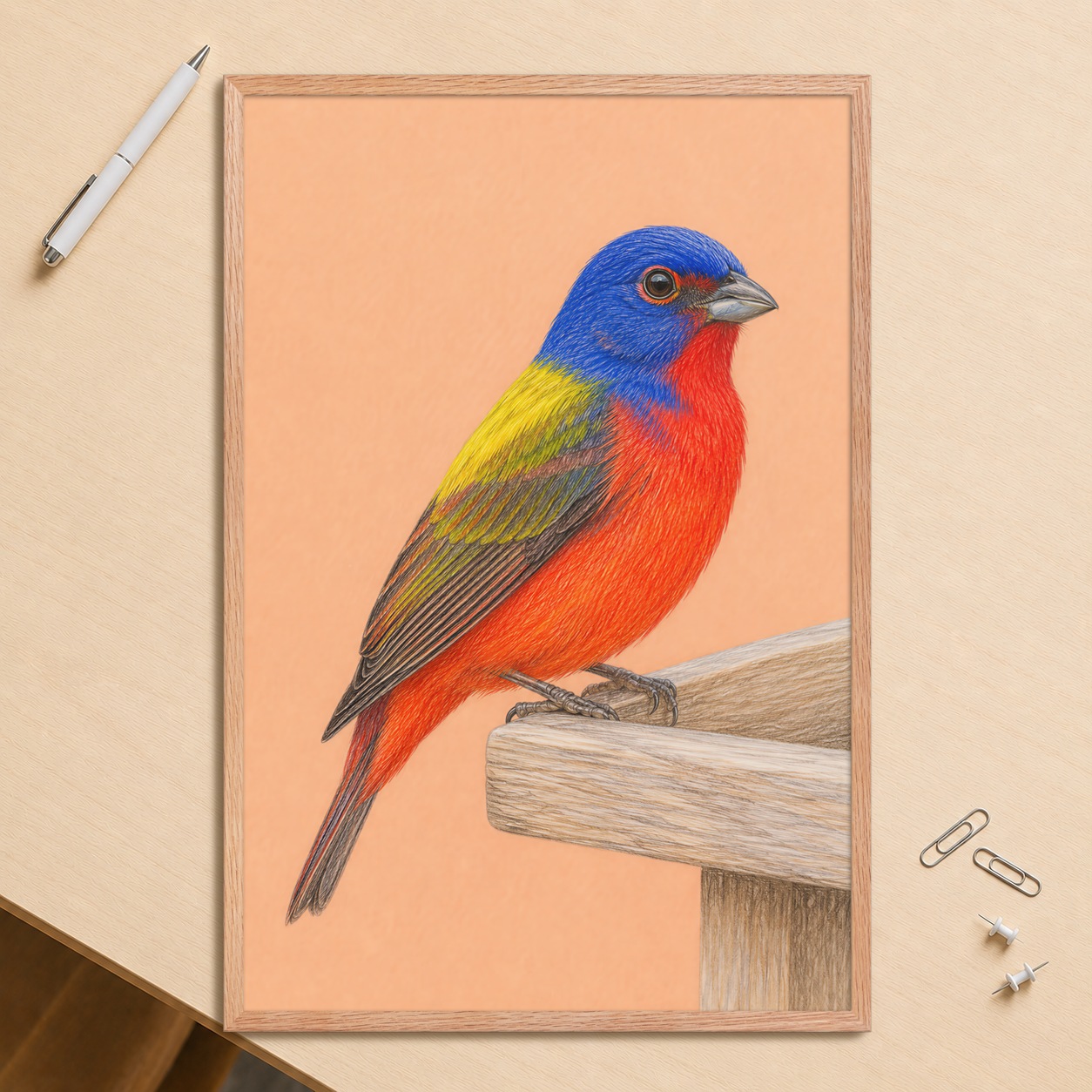 Framed Painted Bunting colored pencil illustration on wooden feeder, apricot background, wood frame wall art