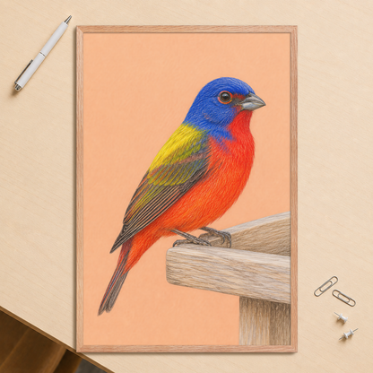 Framed Painted Bunting colored pencil illustration on wooden feeder, apricot background, wood frame wall art