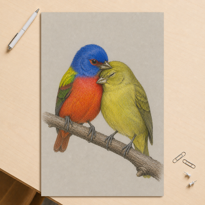 Male and female Painted Bunting pair colored pencil illustration on neutral background wall art