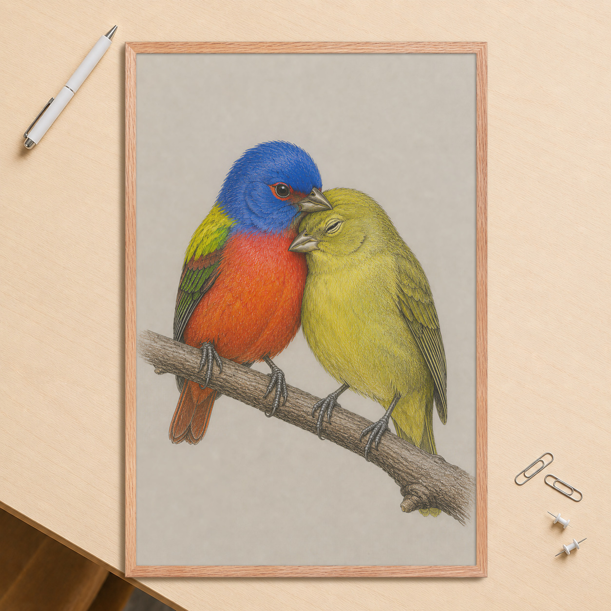 Framed male and female Painted Bunting pair colored pencil illustration, wood frame wall art
