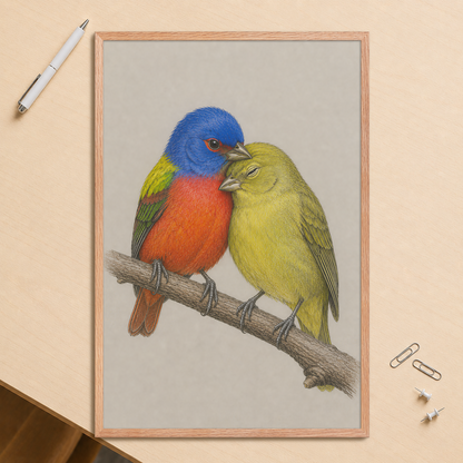 Framed male and female Painted Bunting pair colored pencil illustration, wood frame wall art