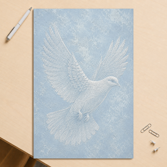 Peace dove print with embossed relief-look design on dusty blue textured background