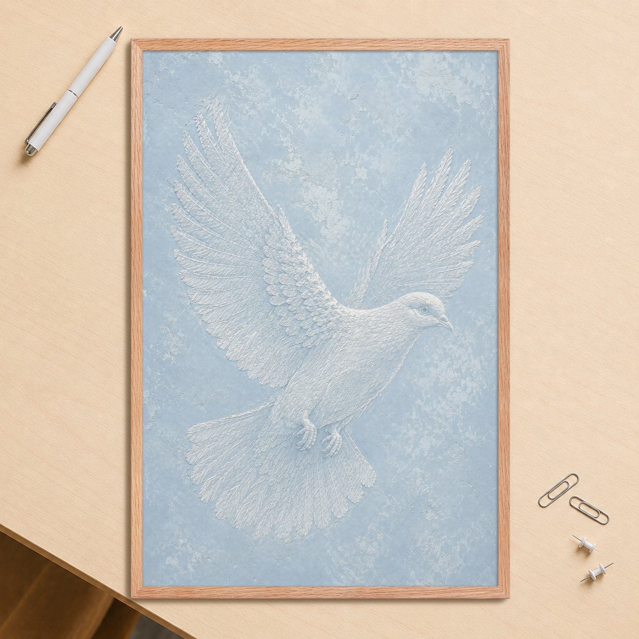 Framed peace dove print with embossed relief-look design on dusty blue textured background