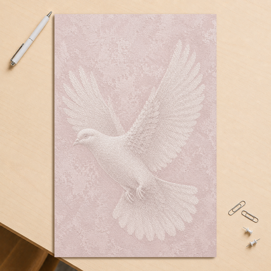 Peace dove print with embossed relief-look design on blush pink textured background