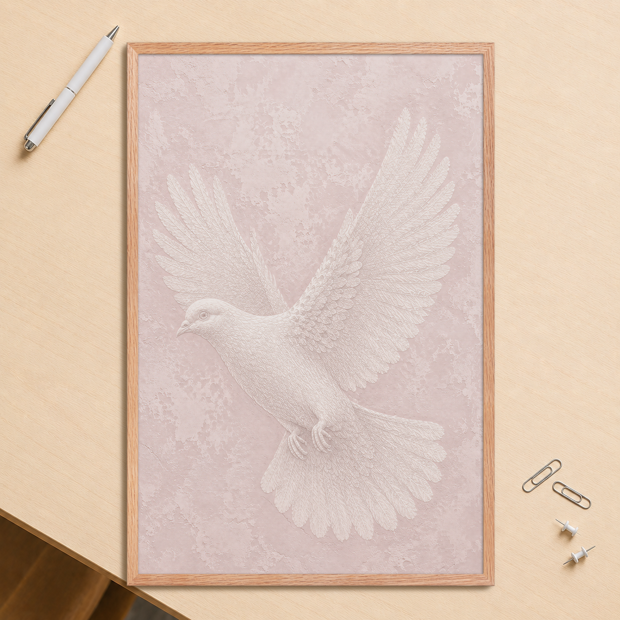 Framed peace dove print with embossed relief-look design on blush pink textured background