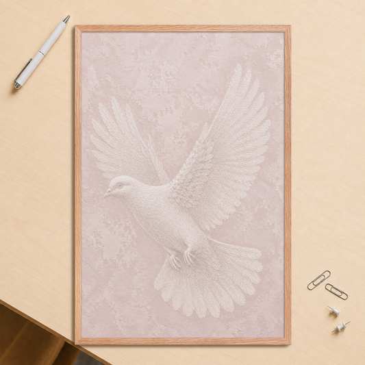 Framed peace dove print with embossed relief-look design on blush pink textured background