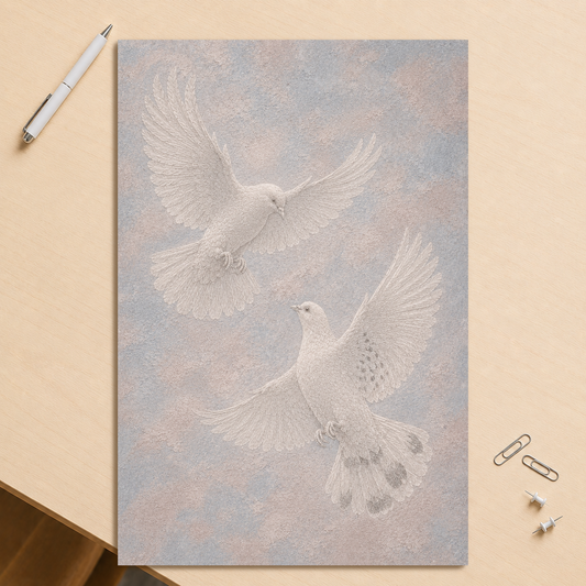 Two peace doves print with embossed relief-look design on dusty blue and blush textured background