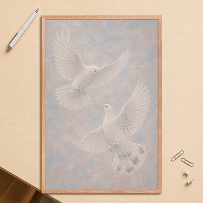 Framed two peace doves print with embossed relief-look design on dusty blue and blush textured background