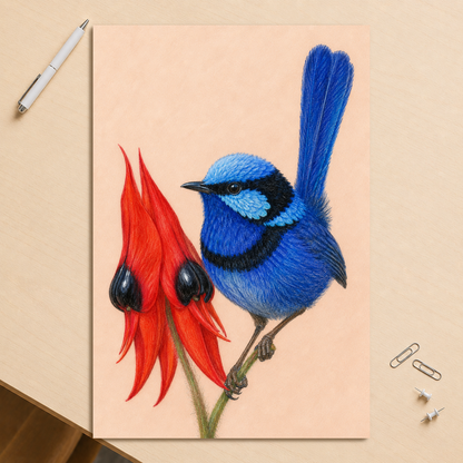 Splendid Fairywren blue wren colored pencil illustration on Sturt's Desert Pea, terracotta background