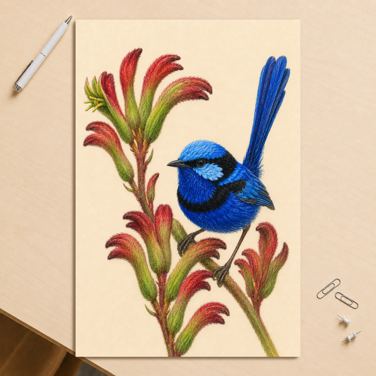Splendid Fairywren blue wren colored pencil illustration on Kangaroo Paw flowers, warm cream background