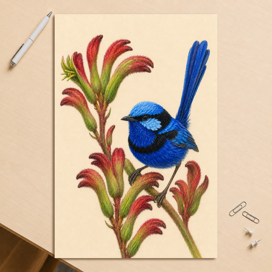 Splendid Fairywren blue wren colored pencil illustration on Kangaroo Paw flowers, warm cream background