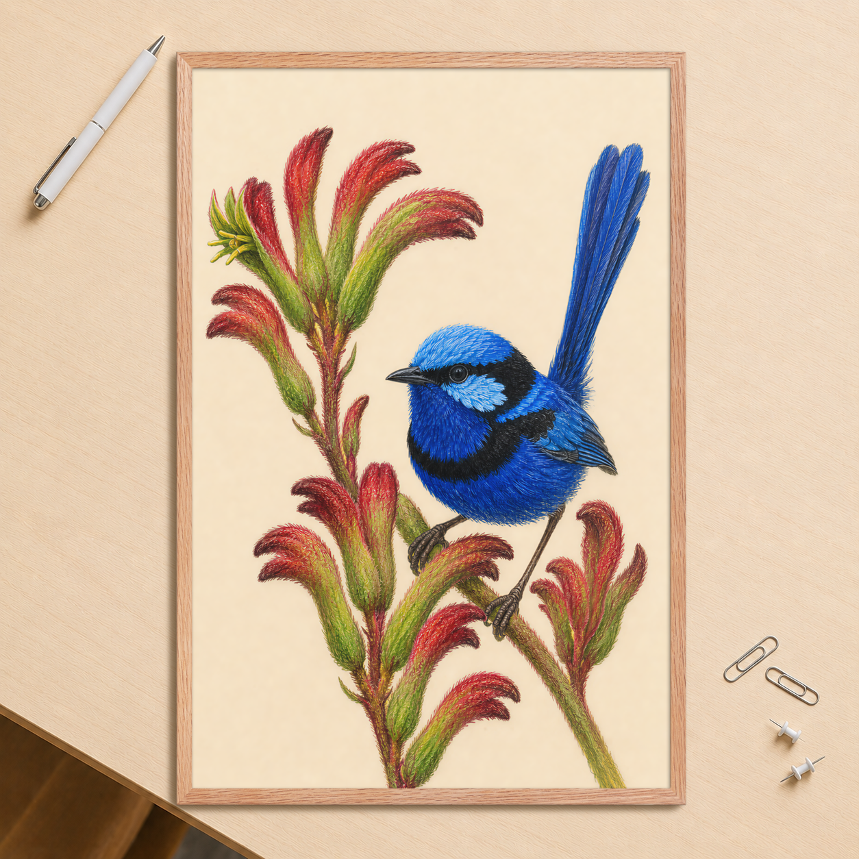 Framed Splendid Fairywren blue wren colored pencil illustration on Kangaroo Paw flowers, wood frame wall art