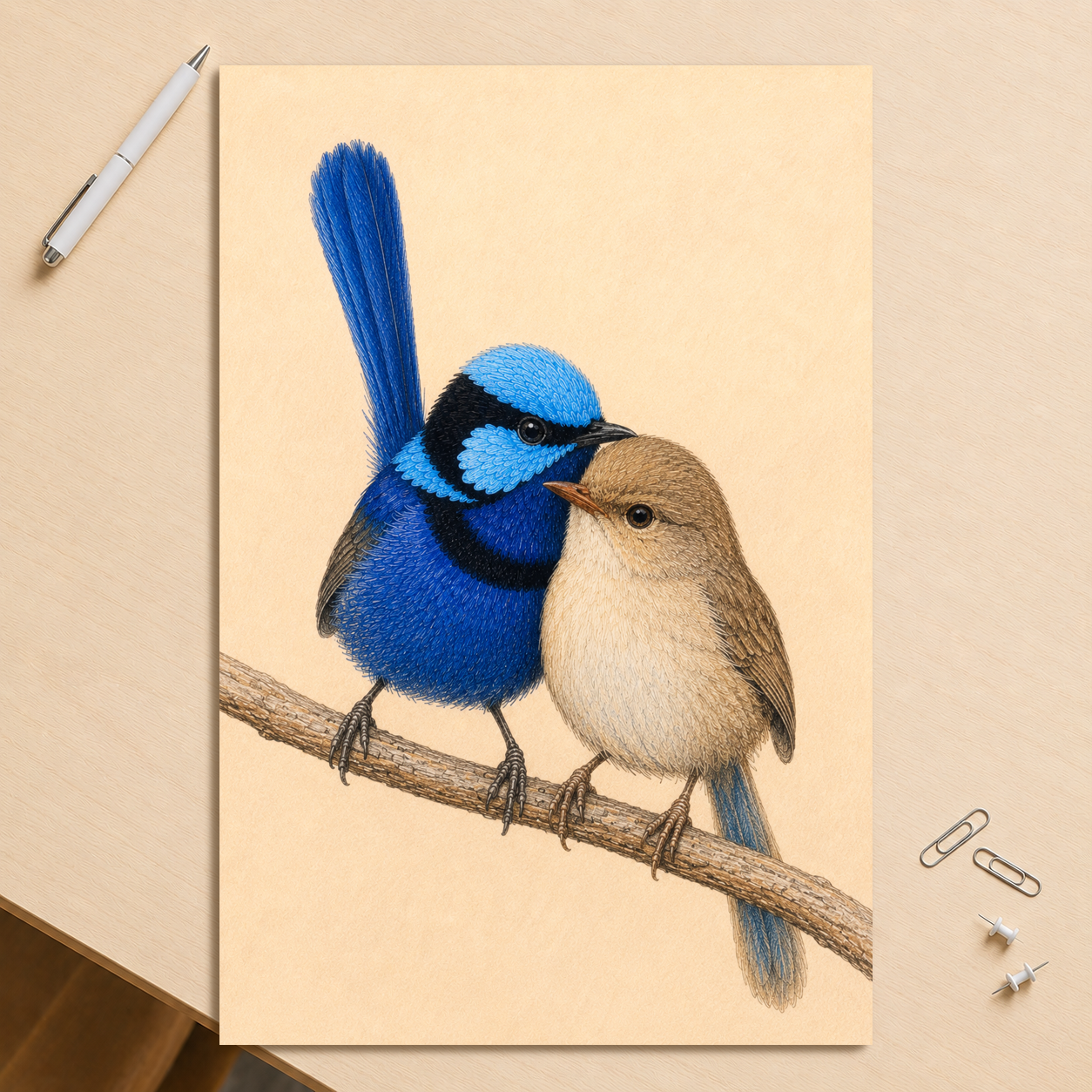 Male and female Splendid Fairywren blue wren pair colored pencil illustration on warm background