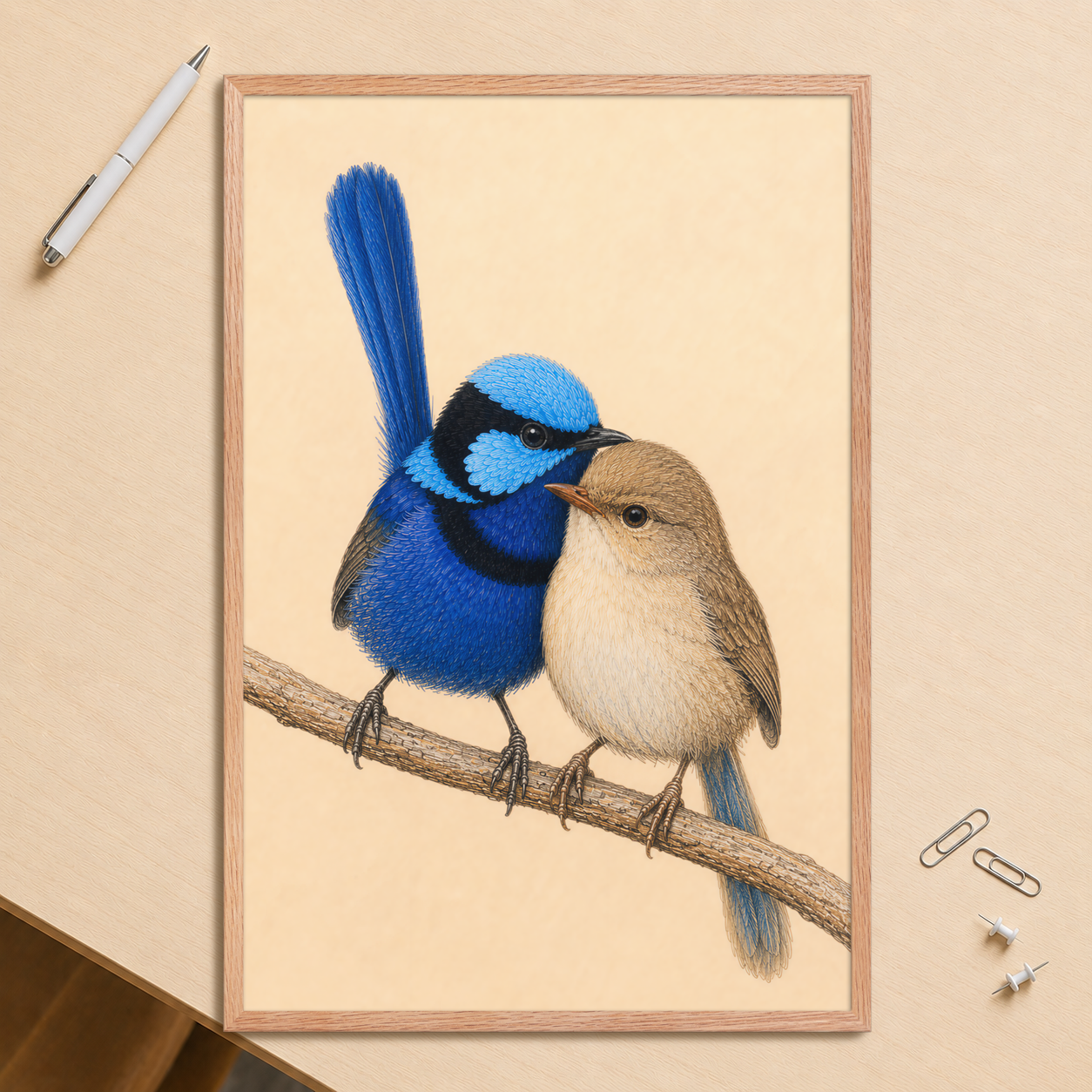 Framed male and female Splendid Fairywren blue wren pair colored pencil illustration, wood frame wall art