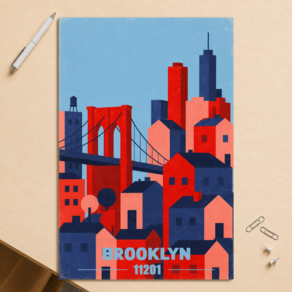 Brooklyn Bridge retro travel poster print, 11201 zip code wall art, unframed