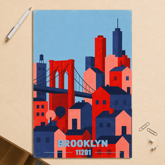 Brooklyn Bridge retro travel poster print, 11201 zip code wall art, unframed
