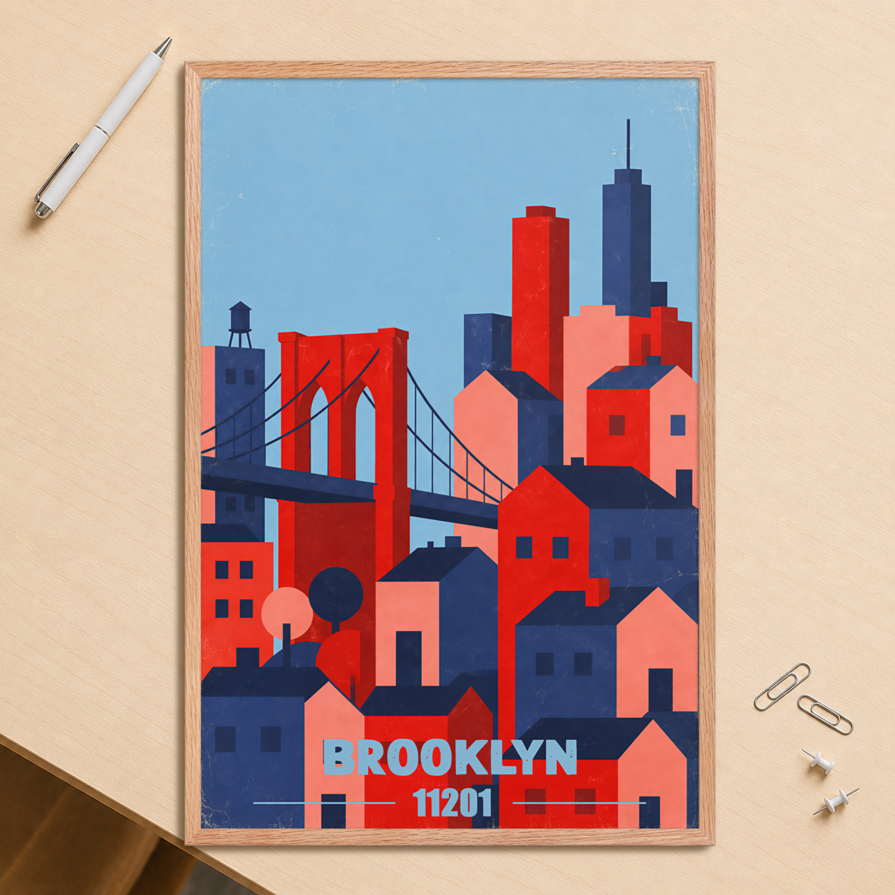 Framed Brooklyn Bridge retro travel poster, 11201 zip code wall art