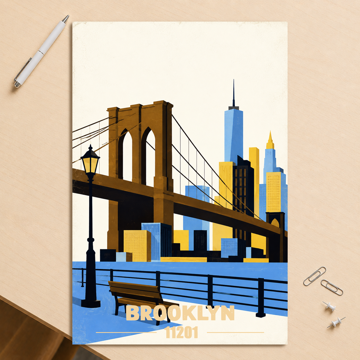 Brooklyn Heights Promenade retro travel poster print, 11201 zip code wall art, unframed