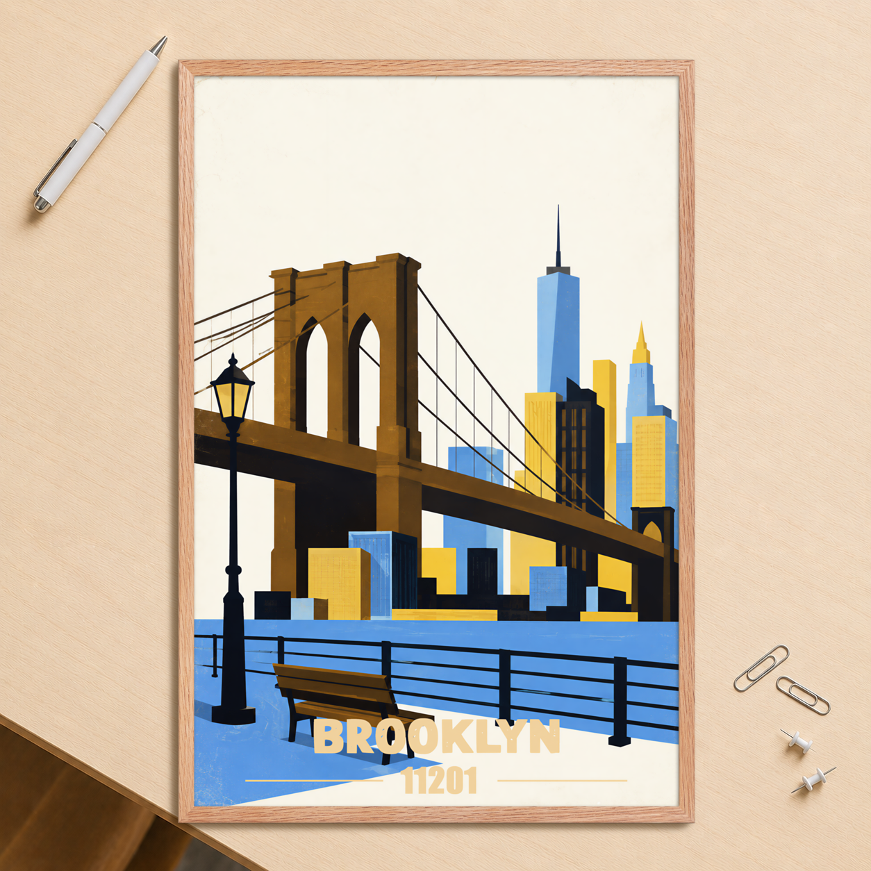Framed Brooklyn Heights Promenade retro travel poster, 11201 zip code wall art