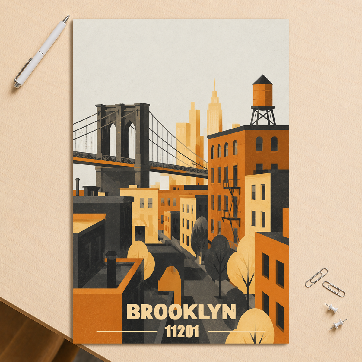 Brooklyn fire escape retro travel poster print, 11201 zip code wall art, unframed