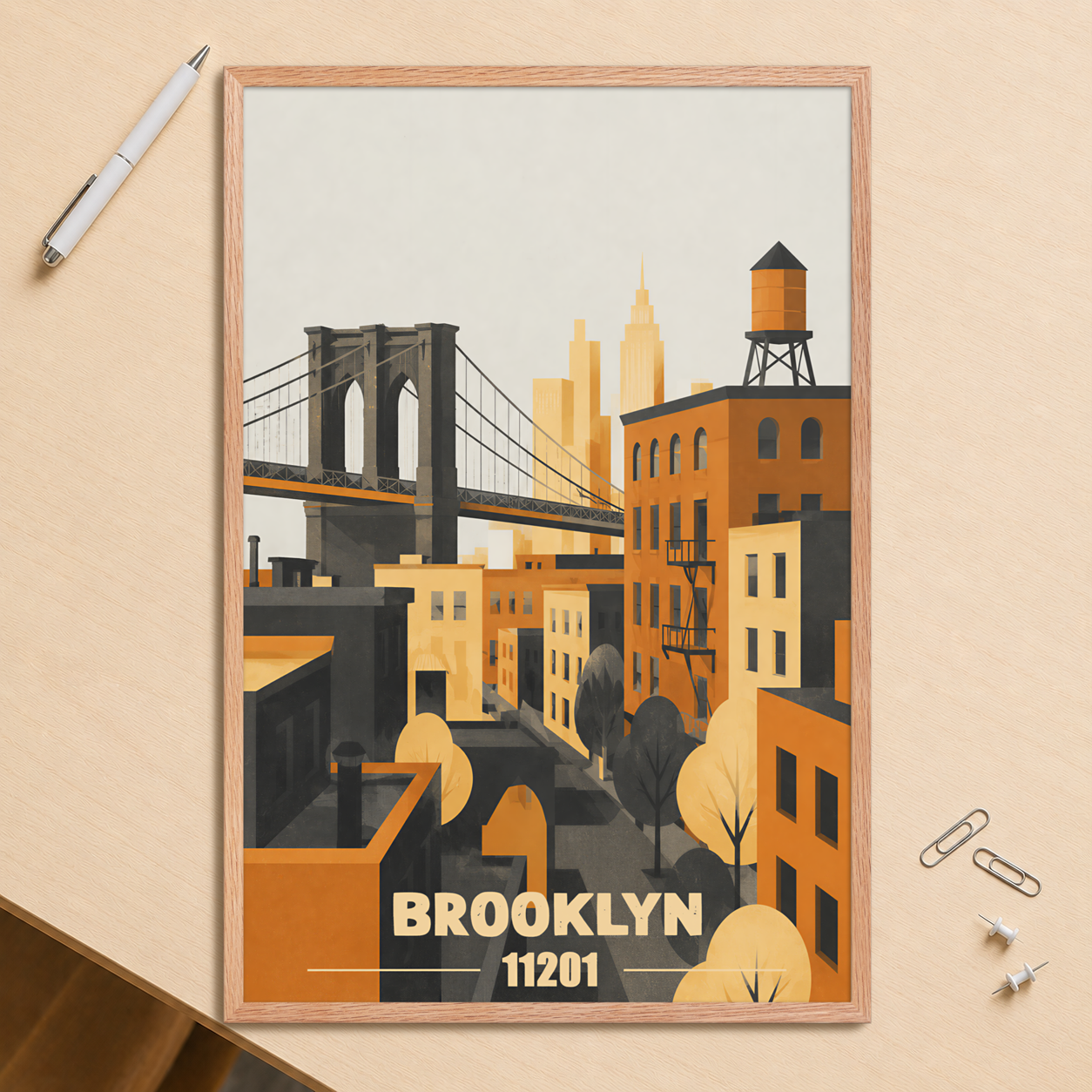 Framed Brooklyn fire escape retro travel poster, 11201 zip code wall art