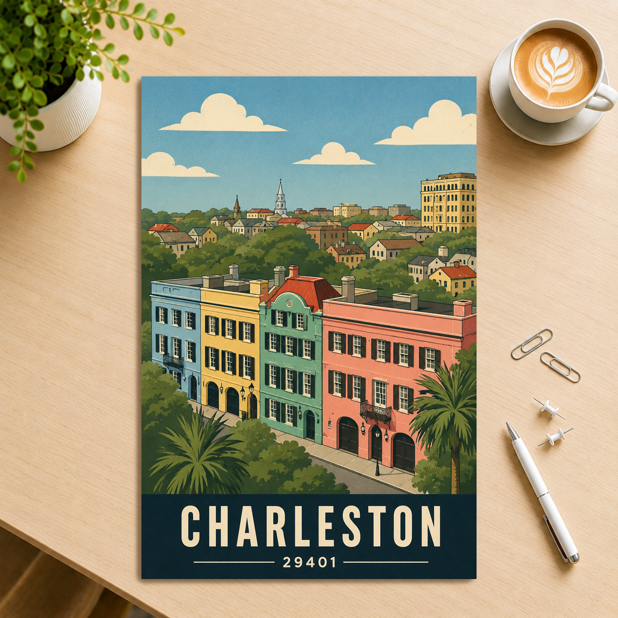Rainbow Row Charleston historic homes poster with 29401 zip code