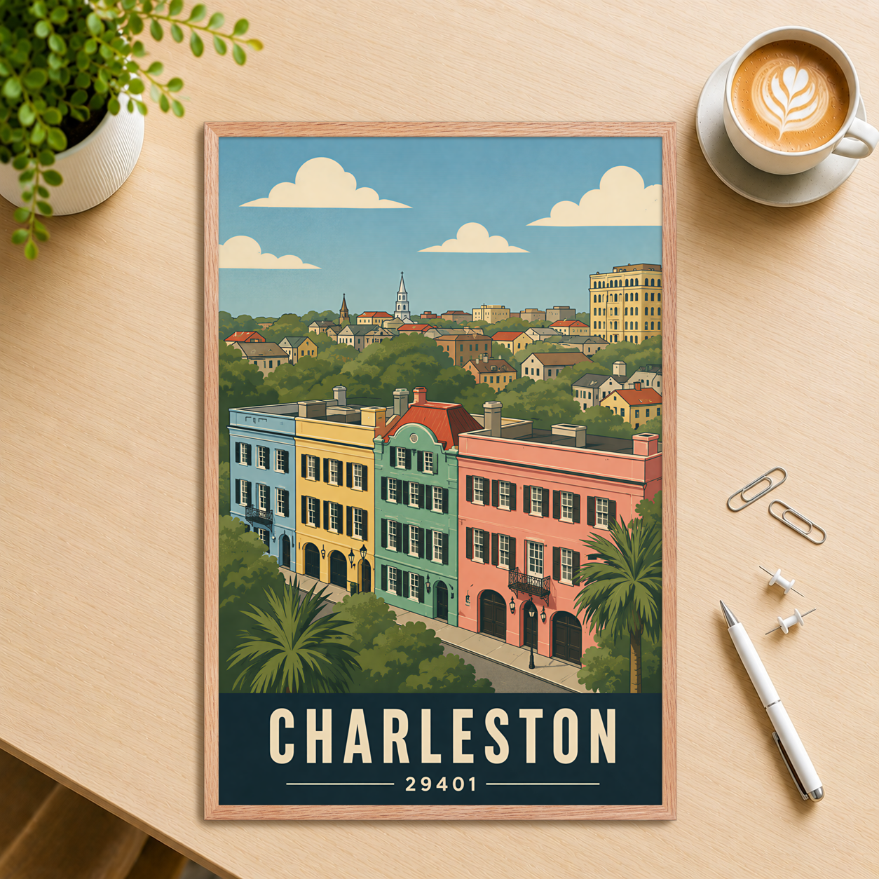 Framed Rainbow Row Charleston historic homes poster with 29401 zip code