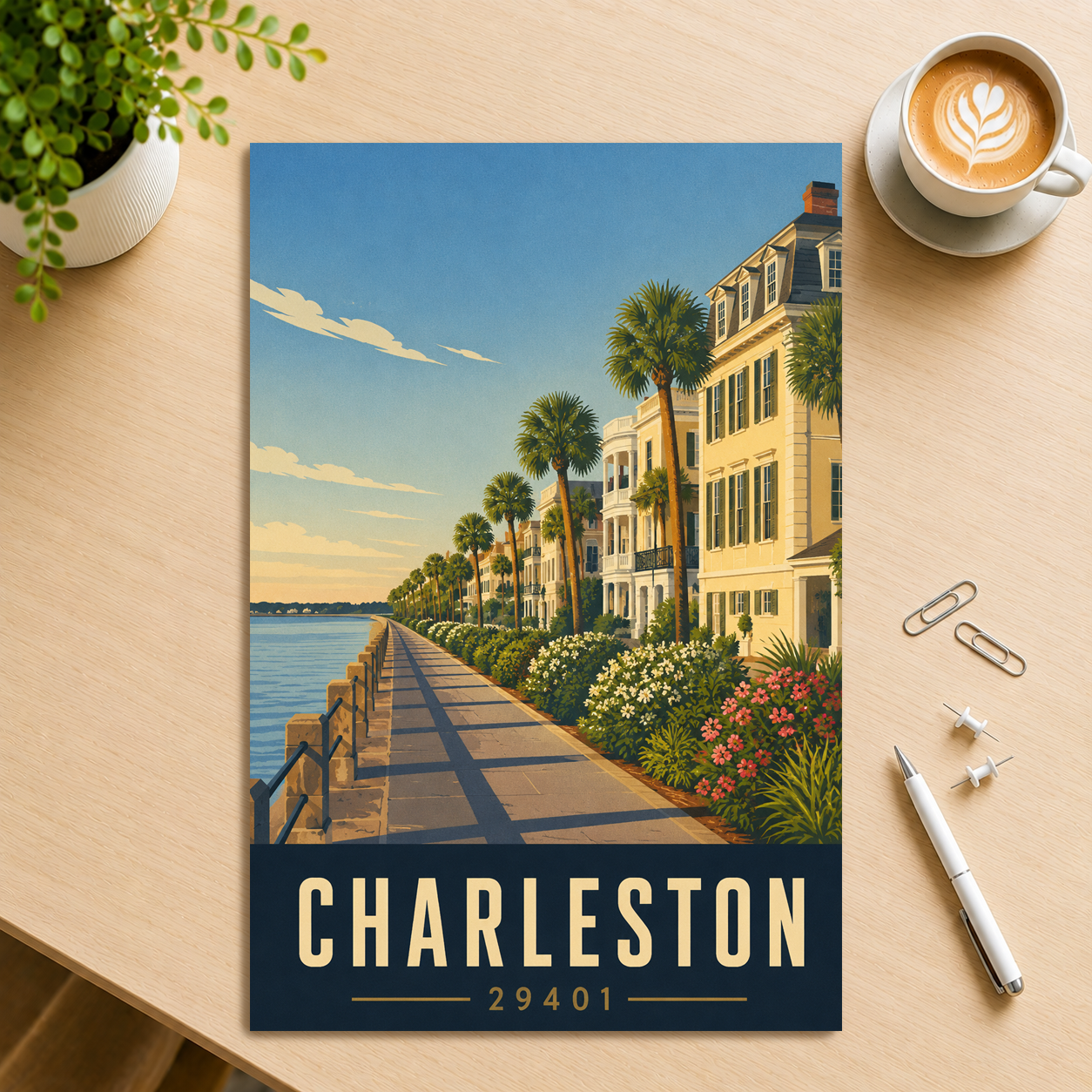 Charleston The Battery waterfront promenade poster with 29401 zip code