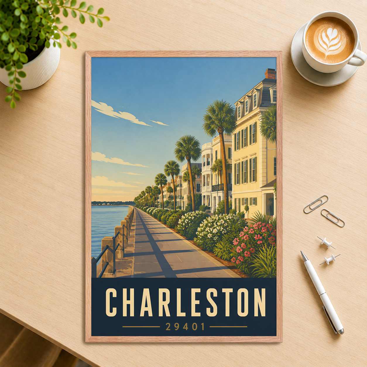 Framed Charleston The Battery waterfront poster with 29401 zip code