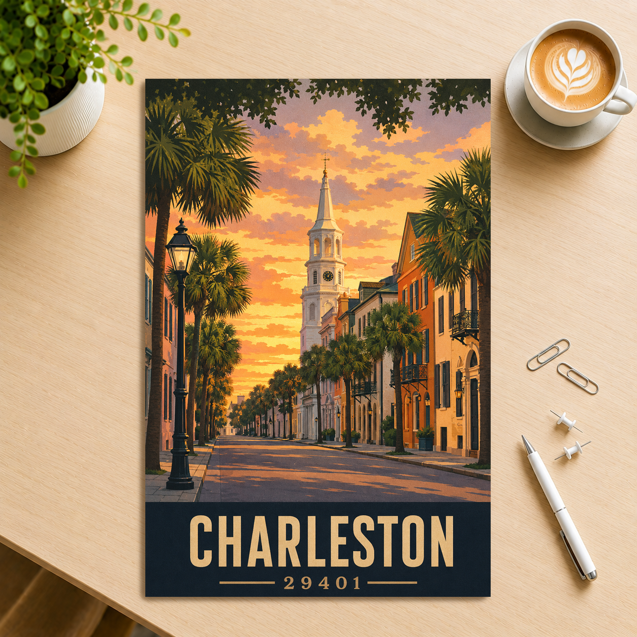 Charleston St. Michael's Church steeple sunset poster with 29401 zip code